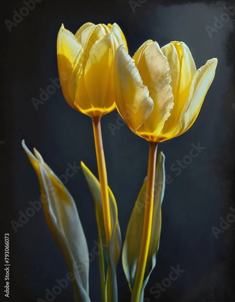 Fototapeta Soft Glow  Two Pastel Yellow Tulips on Charcoal