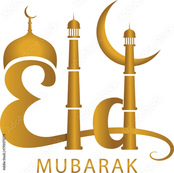 Fototapeta Eid Logo Text in English Golden Color with Moon, Dome and Masjid Minarate.