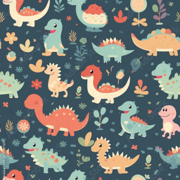 Fototapeta A colorful pattern of various dinosaurs, including a T-Rex, is displayed on a blue background