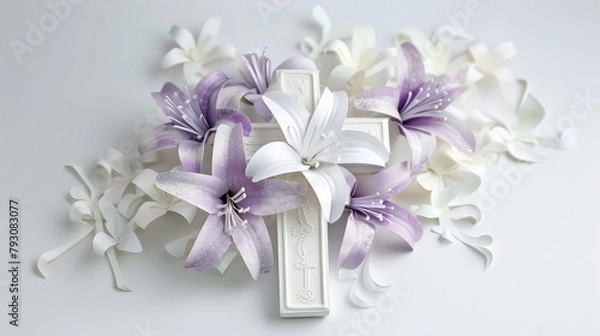 Obraz Elegant Cross with Lilies and White Flowers