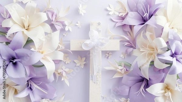 Obraz Elegant Easter Cross with Lilies and Butterflies