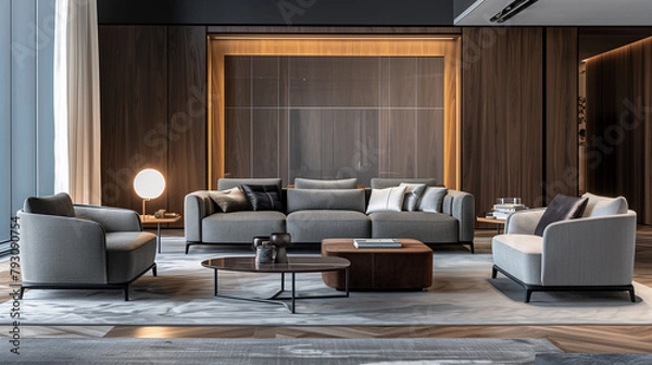 Fototapeta photograph of a modern living room with dark gray and light gray furniture with some wood panels on the wall