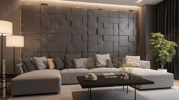 Fototapeta photograph of a modern living room with dark gray and light gray furniture with some wood panels on the wall