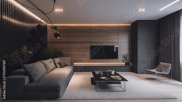 Fototapeta photograph of a modern living room with dark gray and light gray furniture with some wood panels on the wall