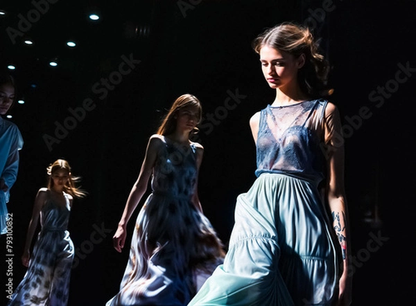 Fototapeta Confidence in Motion: A Woman Dominates the Runway at a Fashion Show wearing blue sexy dress  displaying a fusion of textures and styles 