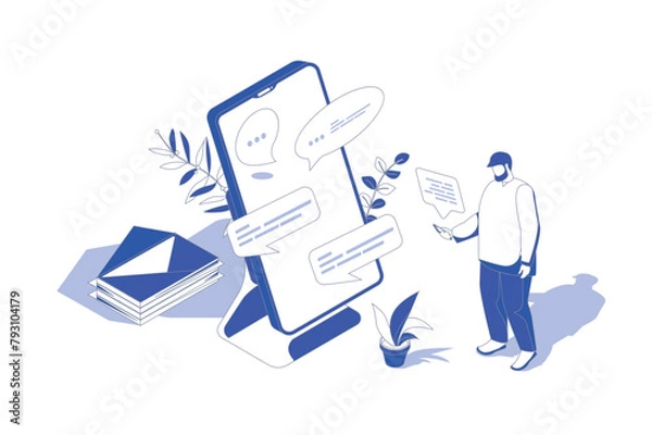 Fototapeta Messaging service 3d isometric concept in isometry graphic design for web. People scene with man using app for sending and receiving emails and messages, corresponds online. Vector illustration.