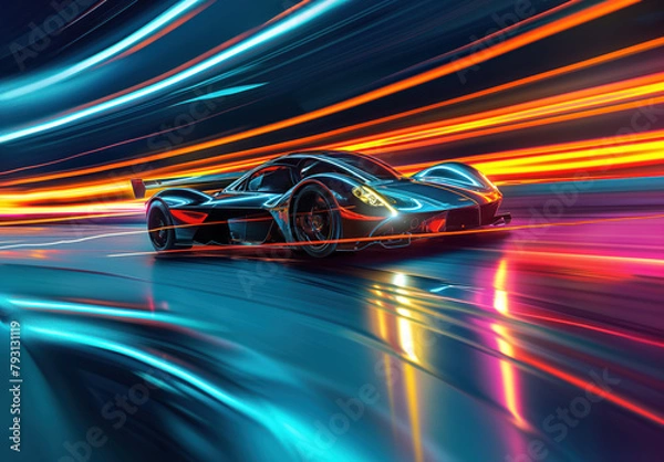 Fototapeta the futuristic elan concept car driving along a city road at night time, in the style of vray tracing. Motion blur. Sport car