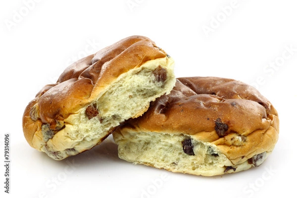 Obraz freshly baked current buns (krentenbol) on a white background