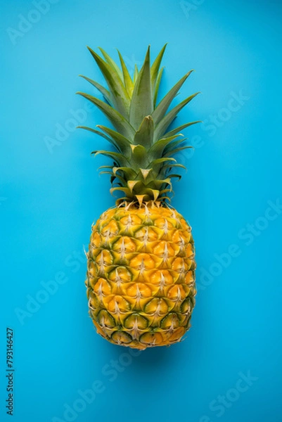 Obraz Full shot of whole raw ripe pineapple on blue background top view