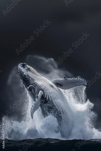 Fototapeta Humpback Whale Jumping and Breaching the Water in Majestic Splash against Soft Dark Clouds