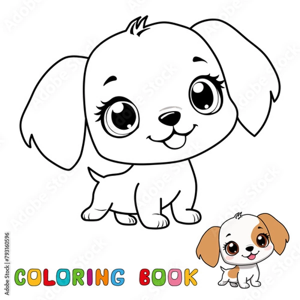 Fototapeta Cute cartoon puppy. Drawing for coloring. Vector contour illustration isolated on a white background. A page of a coloring book with a color sample.