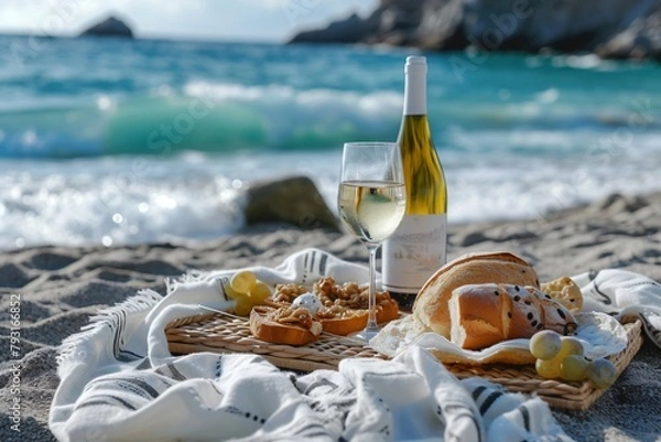 Fototapeta Picnic lunch outdoor with two glasses, bottle of white wine and grapes on the beach overlooking the sea