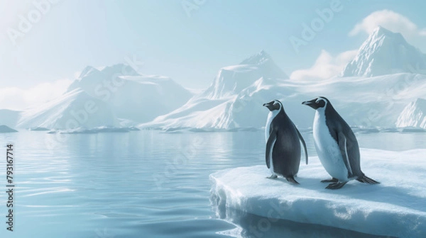 Fototapeta Two penguins on island, ice floes, iceberg on the background	