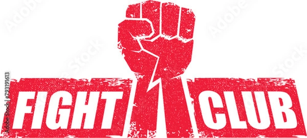 Fototapeta fight club vector red logo or label with grunge red man fist isolated on transparent white background. MMA Mixed martial arts concept design template. Fighting club label for print on tee