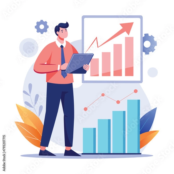 Obraz A man, a manager, stands in front of a chart, analyzing sales growth data with a tablet in hand, Manager analyzes sales growth graph, Simple and minimalist flat Vector Illustration