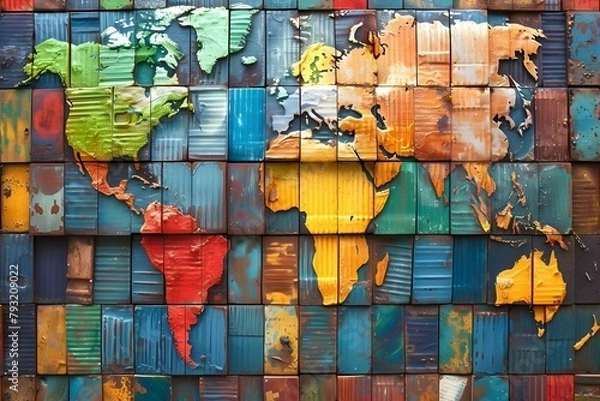Fototapeta Colorful abstract map of the world splattered with vibrant paint.