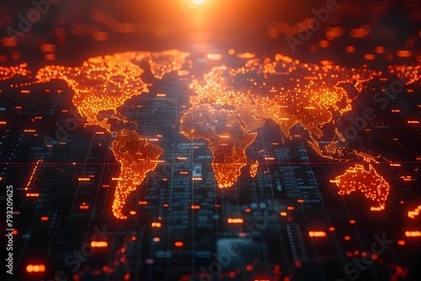 Fototapeta neon map digital technology, abstract dot point connect with gradient line and aesthetic Intricate wave line design , big data connection technology concept generative