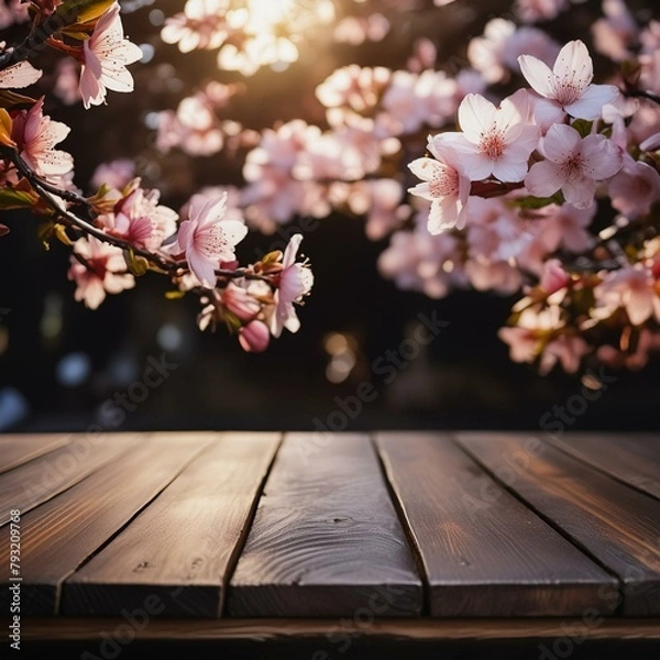 Fototapeta natural beauty and elegance with an empty dark wooden table graced by the ethereal presence of Japanese cherry blossom flowers,