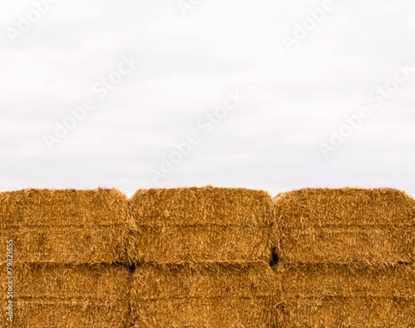 Obraz Six stacked yellow hay bales on overcast sky