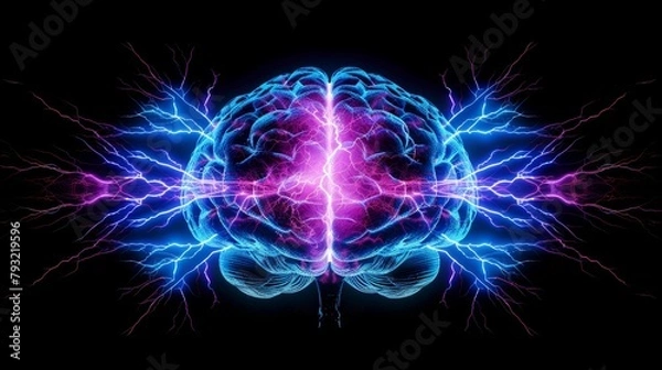 Fototapeta Graphic representation of brain power or neurology, featuring a frontal view of the brain with a lightning effect.