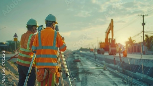 Fototapeta Surveyor engineers equipped with safety gear and communication devices, using a theodolite to measure positioning on a construction site with machinery in the background.