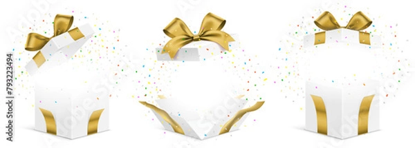 Fototapeta Vector set of white gift boxes with green ribbons and exploded colorful confetti isolated on a white background. Unfolded surprise giftbox, vector illustration.