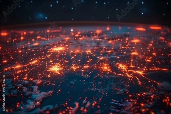Obraz neon map digital technology, abstract dot point connect with gradient line and aesthetic Intricate wave line design , big data connection technology concept generative