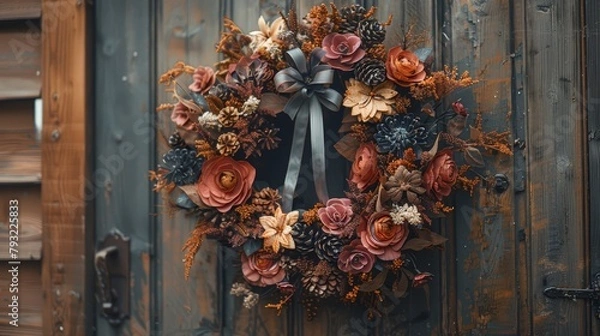 Fototapeta   A wreath adorns a wooden door, featuring a bow upfront Decorated with an assortment of flowers, leaves, and pine cones