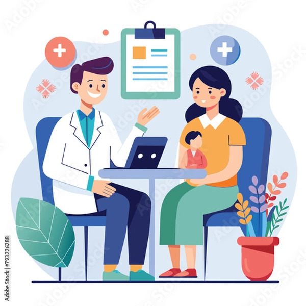 Fototapeta A man and woman are seated at a table, focused on a laptop screen, Medical doctor consultation, Simple and minimalist flat Vector Illustration
