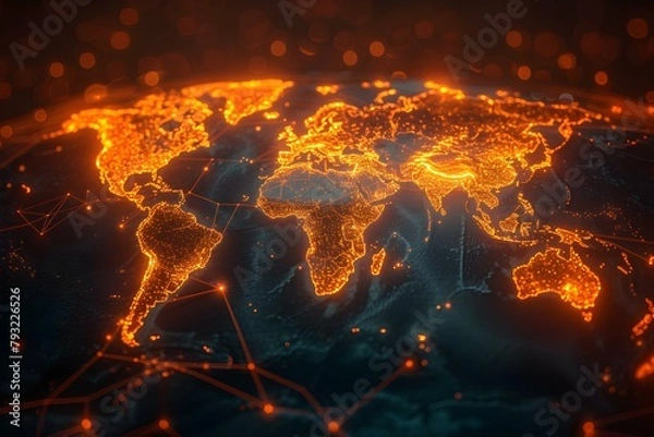 Obraz neon map digital technology, abstract dot point connect with gradient line and aesthetic Intricate wave line design , big data connection technology concept generative