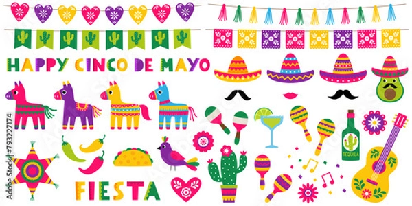 Fototapeta Cinco de Mayo, Mexican vector party elements (pinatas, sombreros, a guitar, cactus, avocado and decoration)