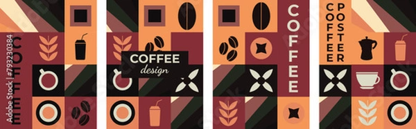 Fototapeta Geometric pattern coffee design seamless pattern banner poster set coffee elements vector design design elements