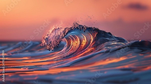 Obraz In the calm of sunset, a single, magnificent wave rises high above the ocean's surface, its colors a mesmerizing blend that mirrors the sky's twilight palette