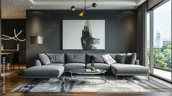 Fototapeta Step into the realm of contemporary design with our modern-style conceptual interior room 3D illustration. This captivating visual masterpiece brings to life the essence of sleek sophistication