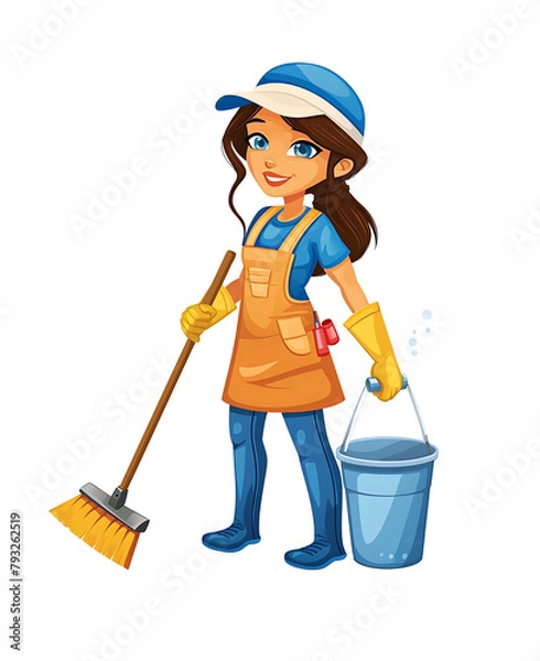 Obraz Vector of a smiling cleaning service professional with a broom and bucket, geared up for tidying. Generative AI