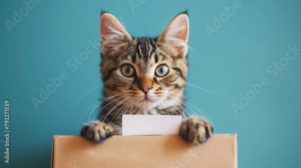 Fototapeta Cat putting ballot into voting box on blue background
