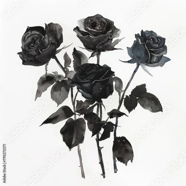 Obraz Three Black Roses on White Background