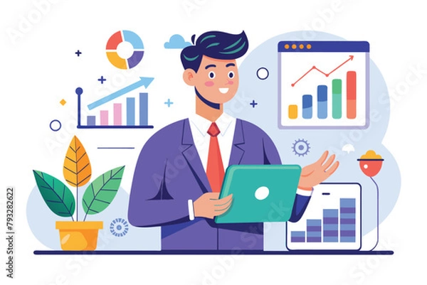 Obraz A man in a suit is holding a laptop, sales growth commerce analytics profit analysis business analyst marketing plan holding tablet, Simple and minimalist flat Vector Illustration