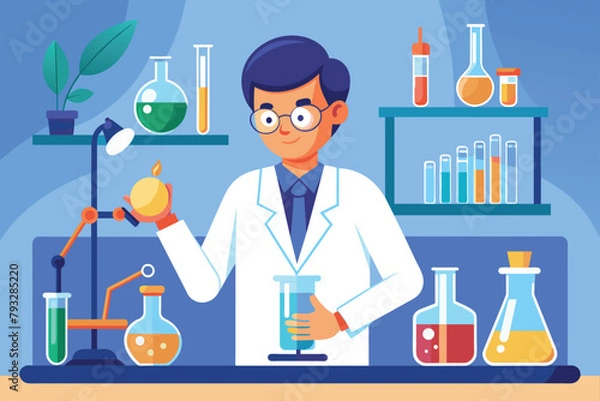 Fototapeta Man in lab coat holding a flask in a scientific laboratory, Scientist doing tests in flasks in lab, scientific research, Simple and minimalist flat Vector Illustration