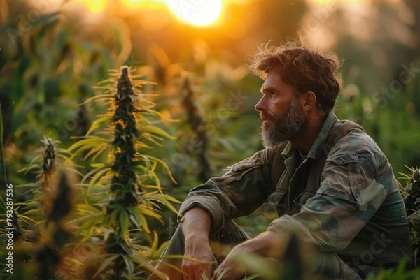 Obraz Soldier calmed down thanks to medical marijuana. Military man cured post traumatic stress disorder PTSD using medical marijuana, sitting in cannabis field. The concept of medical cannabis for PTSD