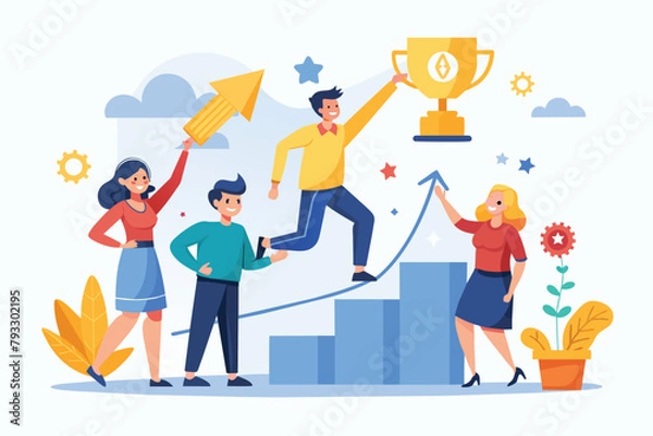 Fototapeta A diverse group of individuals standing together on a bar graph, symbolizing success and teamwork, Success together trending, Simple and minimalist flat Vector Illustration