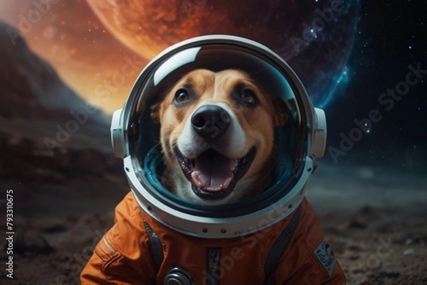 Fototapeta Dog in a spacesuit Colorful space galaxy cloud nebula, cosmos background wallpaper