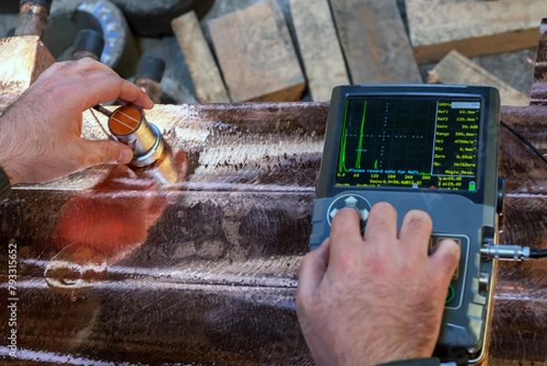Fototapeta Operator performs ultrasonic inspection on copper casting. Ultrasonic testing (UT) is a family of non-destructive testing techniques based on the propagation of ultrasonic waves in the object.
