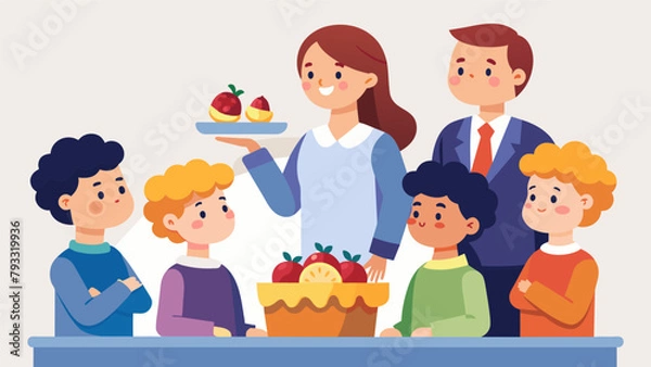 Fototapeta A group of judges discussing the taste and presentation of a mini fruit tart while a group of kids stand behind them eagerly waiting for the