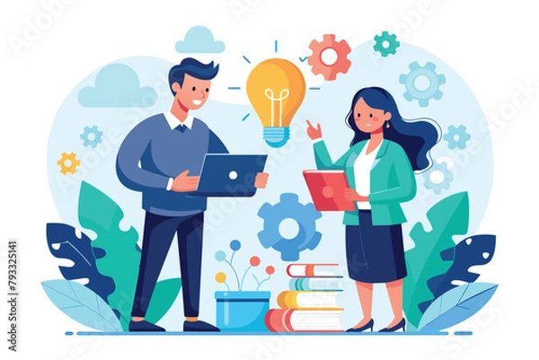 Fototapeta Business Partners Standing Next to Light Bulb, two business people solve business problems with creativity, Simple and minimalist flat Vector Illustration