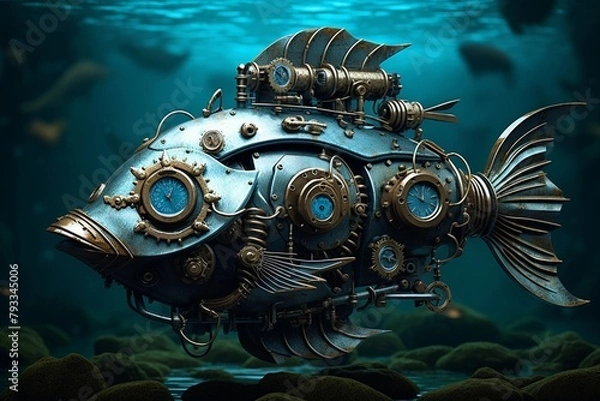 Obraz Mechanical Steampunk Fish in Underwater Scene