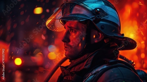 Fototapeta Portrait of fireman wearing a protective uniform with flashlight included standing in a fire station garage and looking sideways