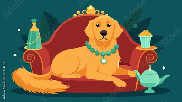 Obraz A luxurious golden retriever lounges on a velvet throne surrounded by designer flea and tick collars and a crystal water bowl with her name engraved.