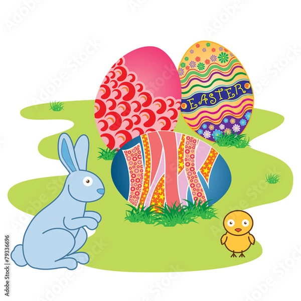 Fototapeta Easter Bunny with Decorated Easter Eggs on Fresh Green Grass