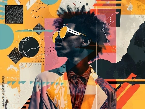 Fototapeta Dynamic digital collage featuring a stylish african american man in sunglasses, blending modern graphic elements with a fashion-forward aesthetic in a contemporary art-infused composition